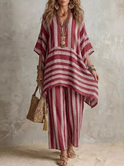 Bohemian Stripe Top And Pants Set in Blue, fabric detail