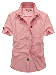 Men's short sleeve dusty pink cotton button-down shirt with chest pocket