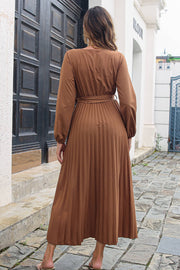 Brown pleated maxi dress with long sleeves and wrap-tie waist, casual style