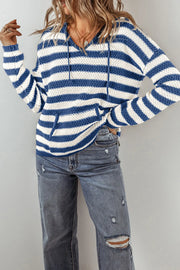 Peacock blue and white striped knit hoodie with adjustable drawstring and pouch pocket.