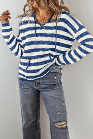 Peacock blue and white striped knit hoodie with adjustable drawstring and pouch pocket.