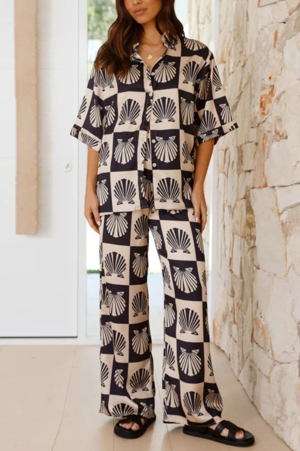 Black silk pajama set with shell print and buttoned shirt