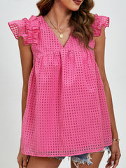 Hot Pink textured trapeze blouse with ruffle sleeves and V-neck.