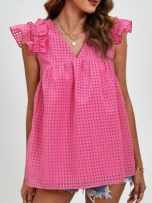 Hot Pink textured trapeze blouse with ruffle sleeves and V-neck.