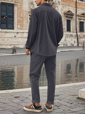 Men's Full Size Button Up Long Sleeve Shirt And Pants Set, close-up detail
