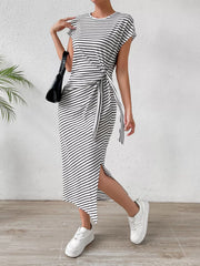 Elegant Striped Midi Dress With Tie Detail