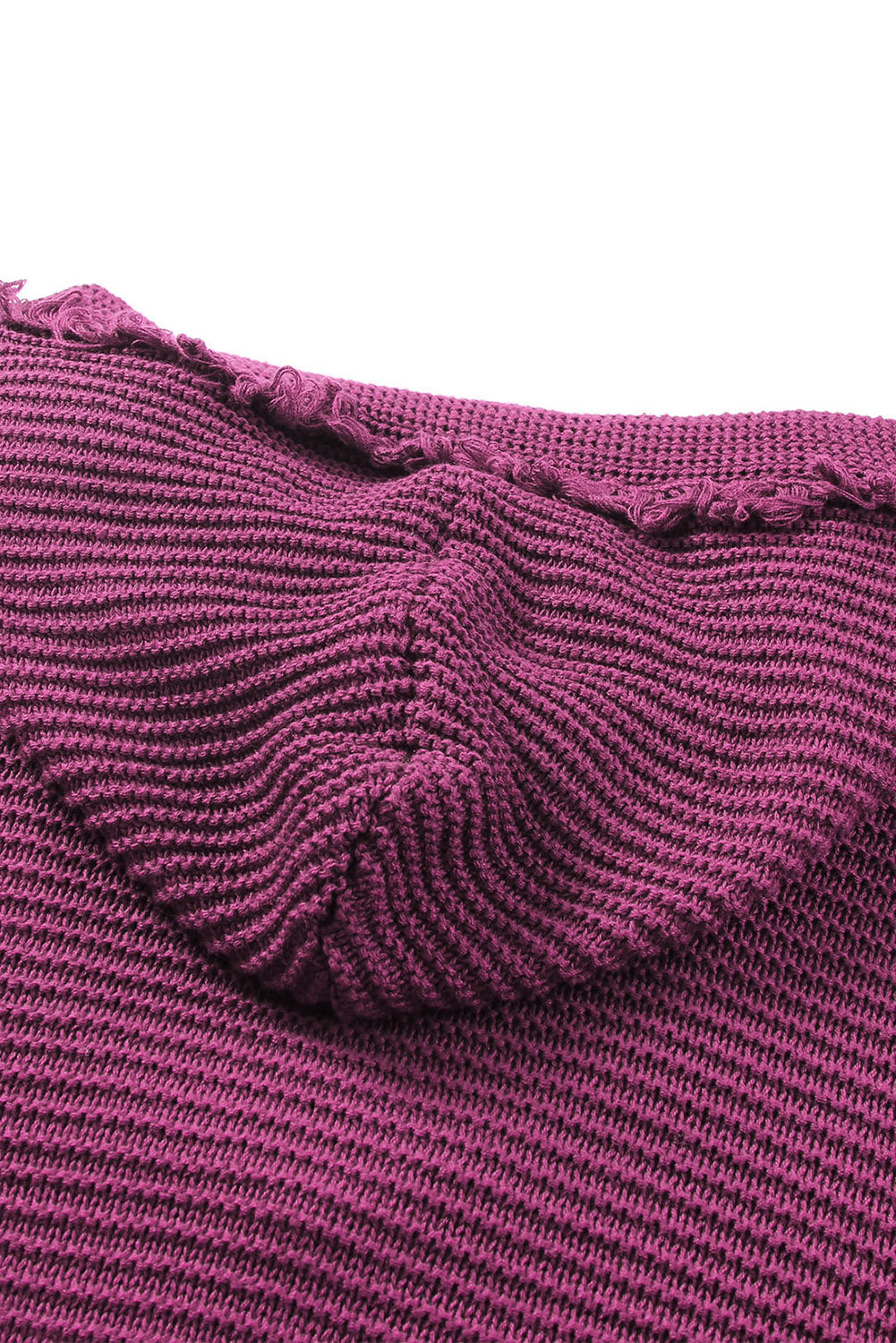 Burgundy knit hooded pullover sweater with fringe trim detail
