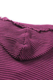Burgundy knit hooded pullover sweater with fringe trim detail