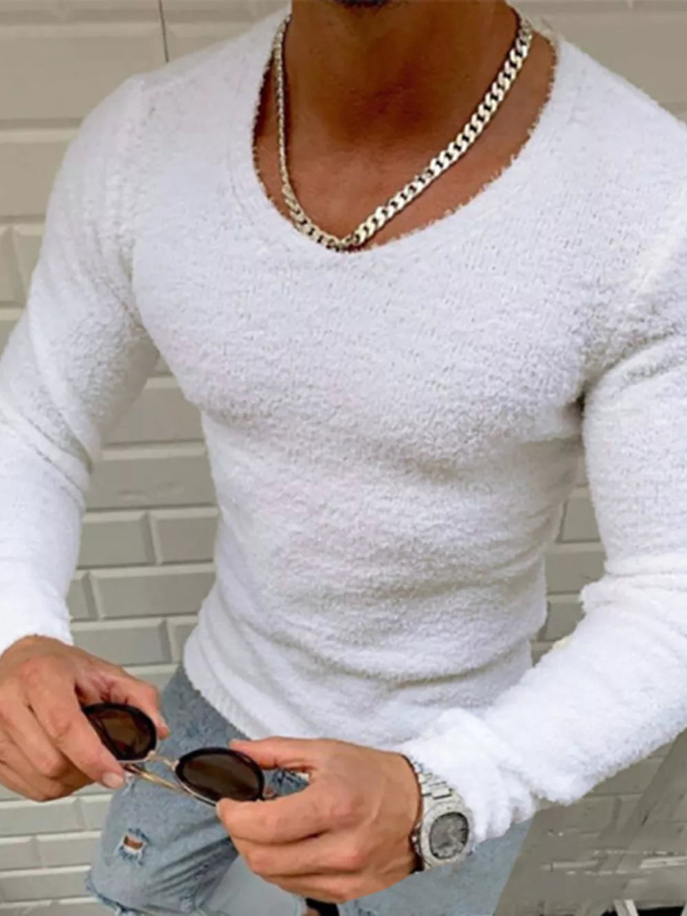 Men's Textured Long Sleeve Sweater Plus Size in Black, close-up detail