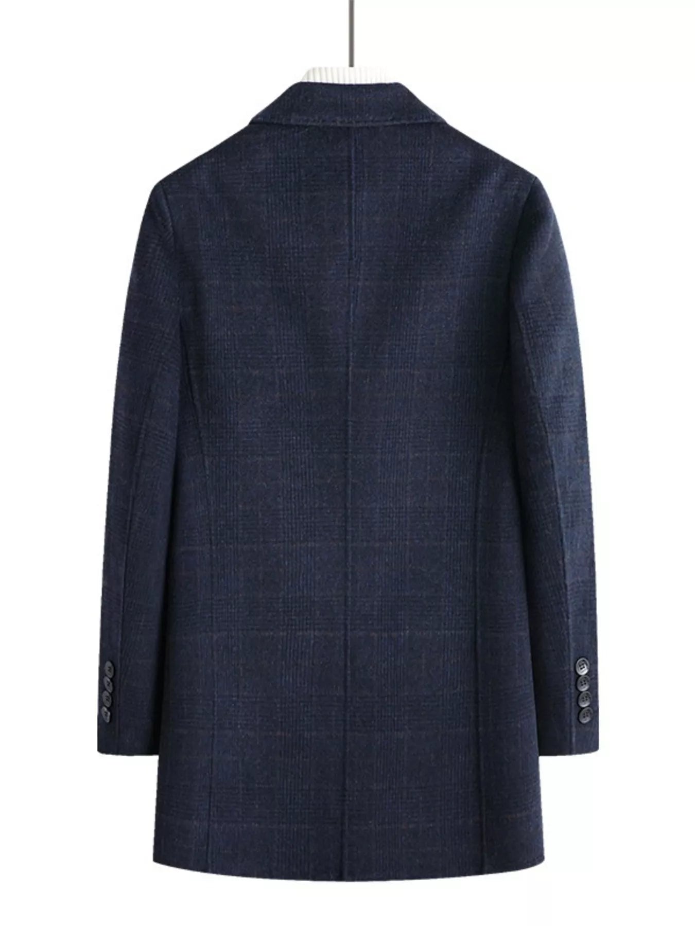 Men's navy plaid wool blend overcoat with buttoned cuffs.