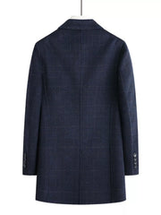 Men's navy plaid wool blend overcoat with buttoned cuffs.