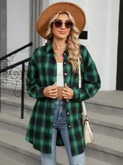 Oversized green and black plaid shacket with button front and collar.