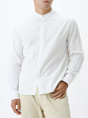 Men's white 100% cotton mandarin collar shirt with button-down front and rolled sleeves.