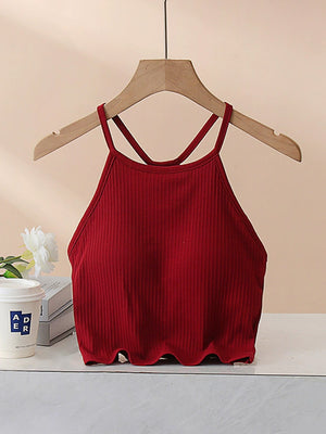 Burgundy ribbed racerback crop top with crisscross straps and scalloped hem.