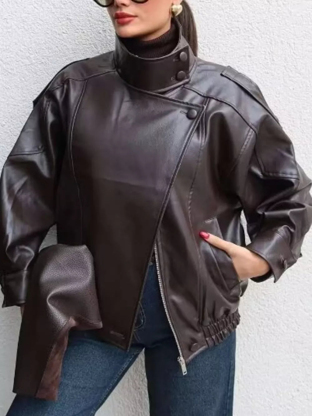 Zip-up Faux Leather Moto Jacket in Brown, view 13