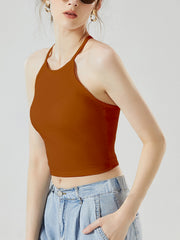 Caramel ribbed racerback crop top with halter neckline