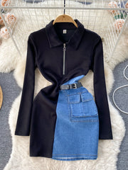 Black and blue denim patchwork mini dress with zip collar and belt