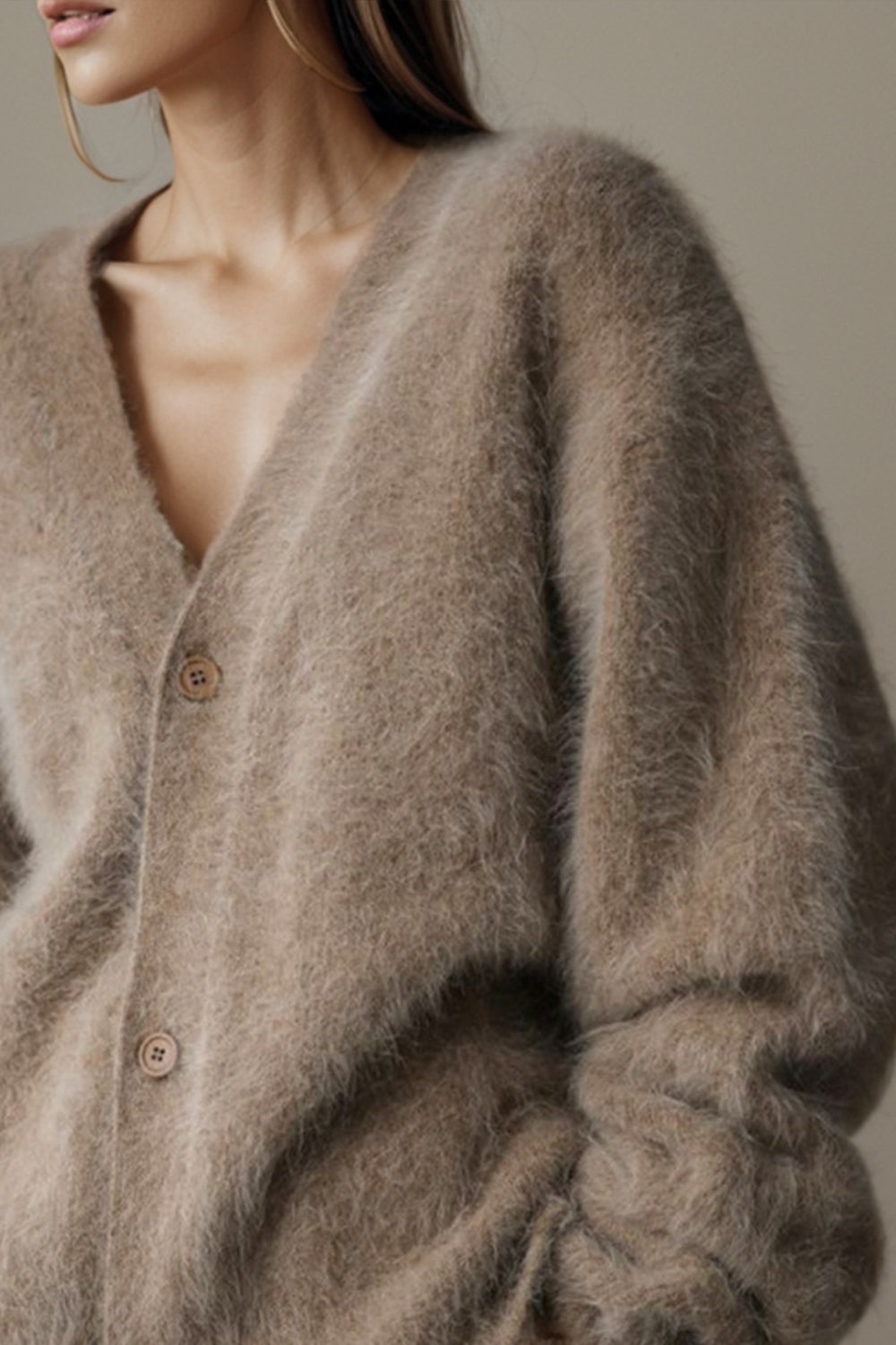 Fluffy angora V-neck cardigan in Khaki with button front detail.