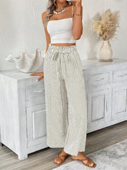 Striped paper bag maternity pants with tie waist in army green and white, wide leg