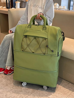 Green Oxford rolling travel organizer bag with front checkered pocket and wheels