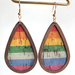 Teardrop statement earrings with rainbow striped cork and wood frame