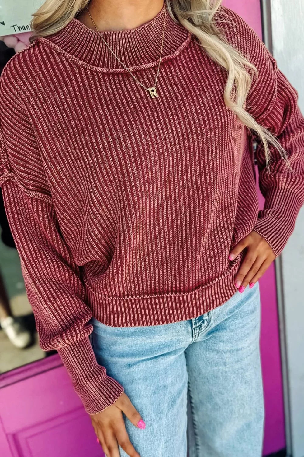 Drop Shoulder High Neck Ribbed Sweater in Burgundy, back view