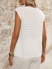 Ivory open-knit sleeveless cardigan with a relaxed fit and round neckline.