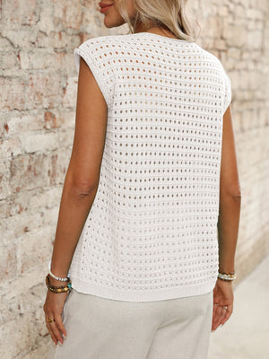 Ivory open-knit sleeveless cardigan with a relaxed fit and round neckline.