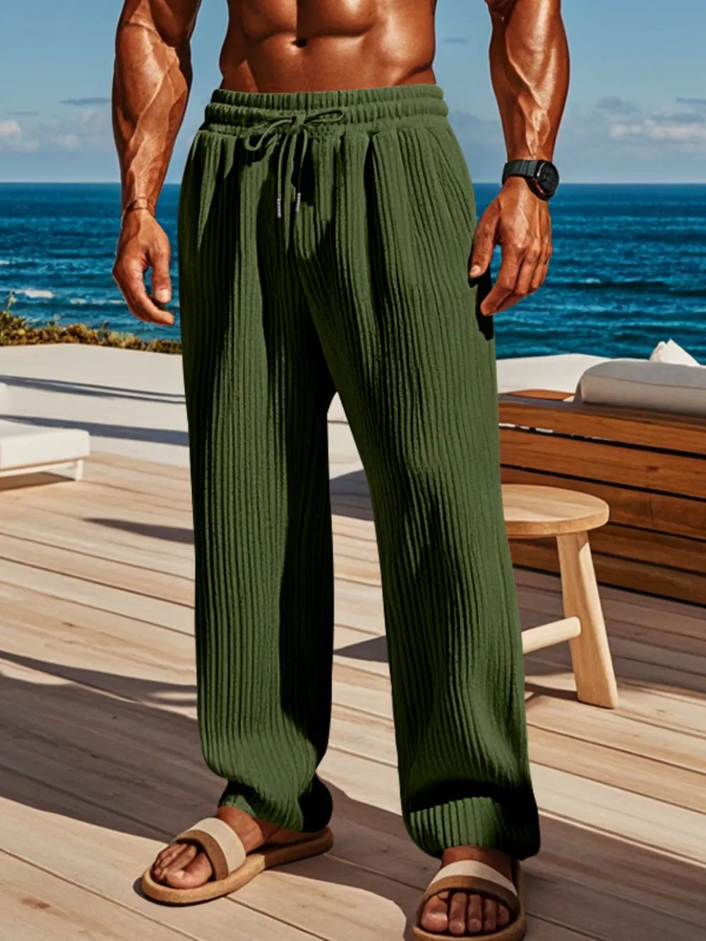 Men's Ribbed Knit Wide-leg Sweatpants Plus Size, back view