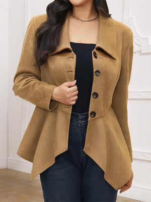 Camel suede effect blazer with peplum hem and button closure