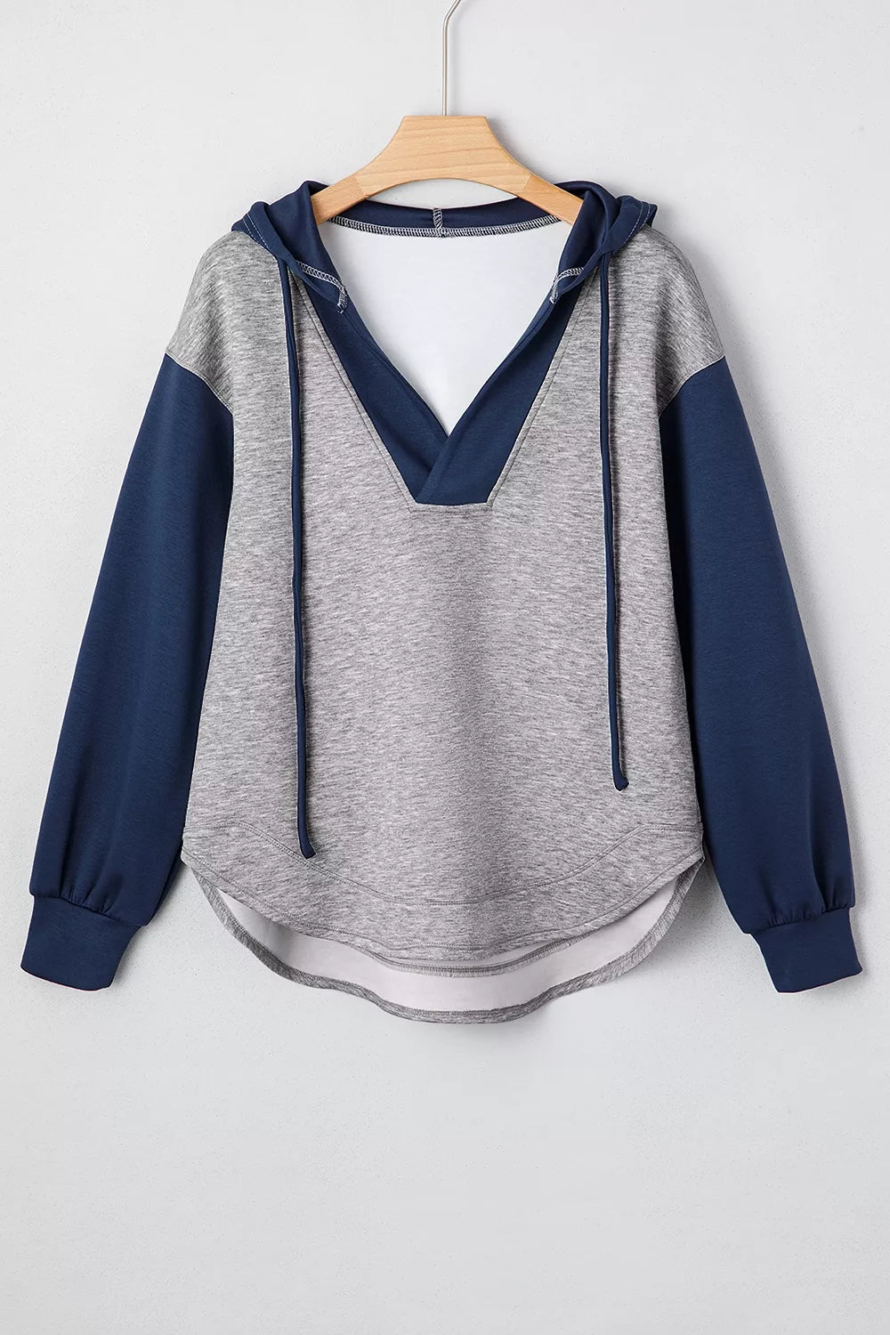 Color Block V Neck Drawstring Hoodie in Gray, back view
