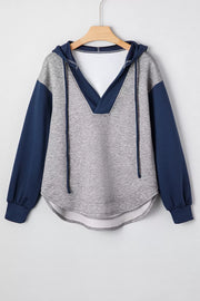 Color Block V Neck Drawstring Hoodie in Gray, back view