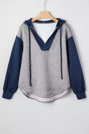Color Block V Neck Drawstring Hoodie in Gray, back view