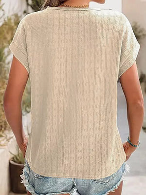 Textured Round Neck Short Sleeve Top in Malachite Green, fit detail