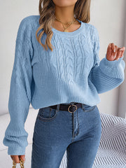 Misty Blue cable knit drop shoulder pullover sweater with crew neck and balloon sleeves.