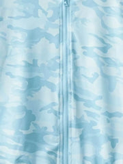 Lightweight pastel blue camouflage hooded jacket for kids with a full zipper.