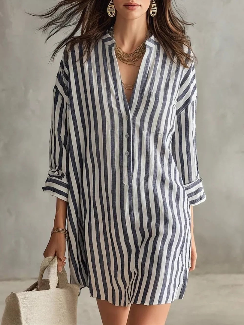 Full Size Striped 3/4 Sleeve Shirt Dress Plus Size in Green, close-up detail