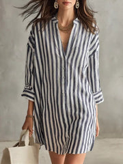 Full Size Striped 3/4 Sleeve Shirt Dress Plus Size in Green, close-up detail
