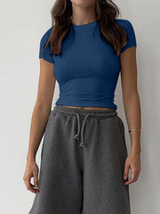 Navy blue crew neck cropped t-shirt with short sleeves