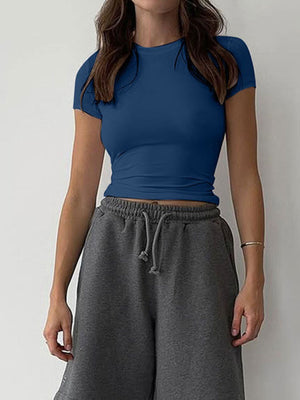 Navy blue crew neck cropped t-shirt with short sleeves
