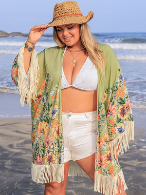 Sage floral print kimono cover-up with fringe details and wide sleeves.