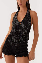 Bead-embellished Backless Halter Tank
