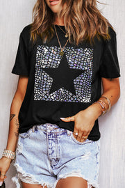Black t-shirt with iridescent star graphic and textured background detail.