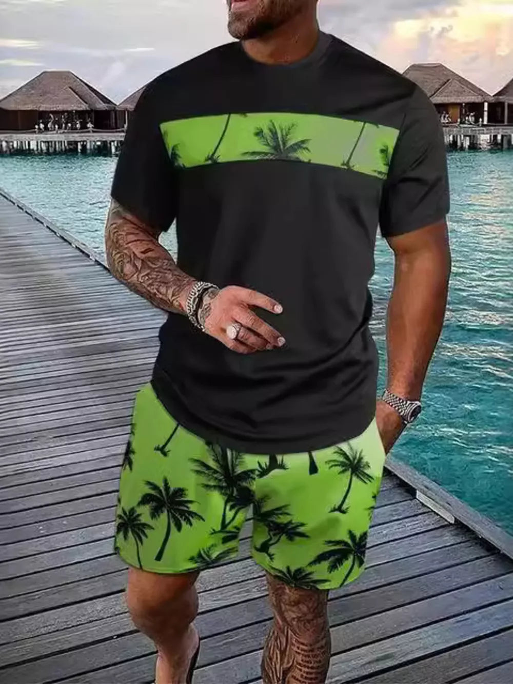 Men's Tropical Palm Tree Tee And Shorts Set in Hot Pink, model styling view