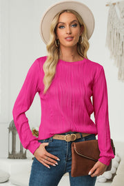 Textured Wave Crewneck Pullover in Cerise with long sleeves and a crew neckline.