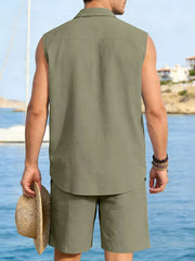 Men's relaxed fit linen two-piece set in Army Green, sleeveless shirt and shorts.
