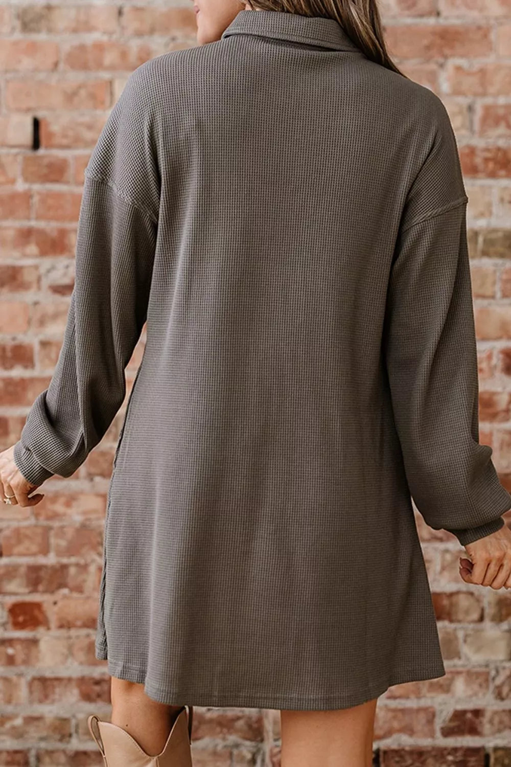 Casual Button-down Dress With Pockets in Dark Gray, close-up detail