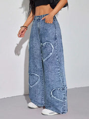 Heart Applique Wide-leg Jeans