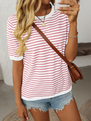 Blush pink and white striped knit tee with contrast trim neckline and sleeves.