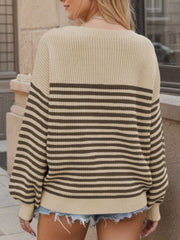 Horizontal stripe drop shoulder knit sweater in beige and dark brown acrylic, with balloon sleeves.